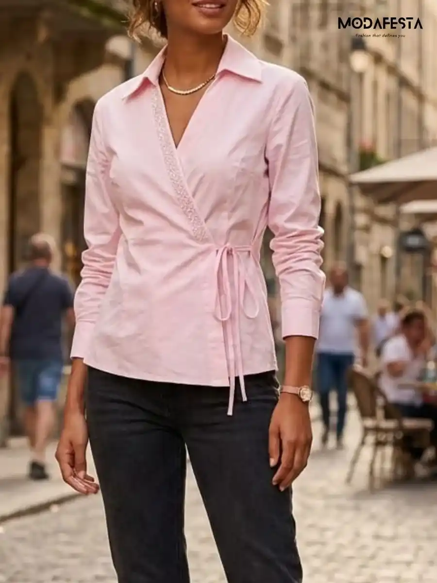 ModaFesta -elegant-v-neck-embellished-wrap-top-pink