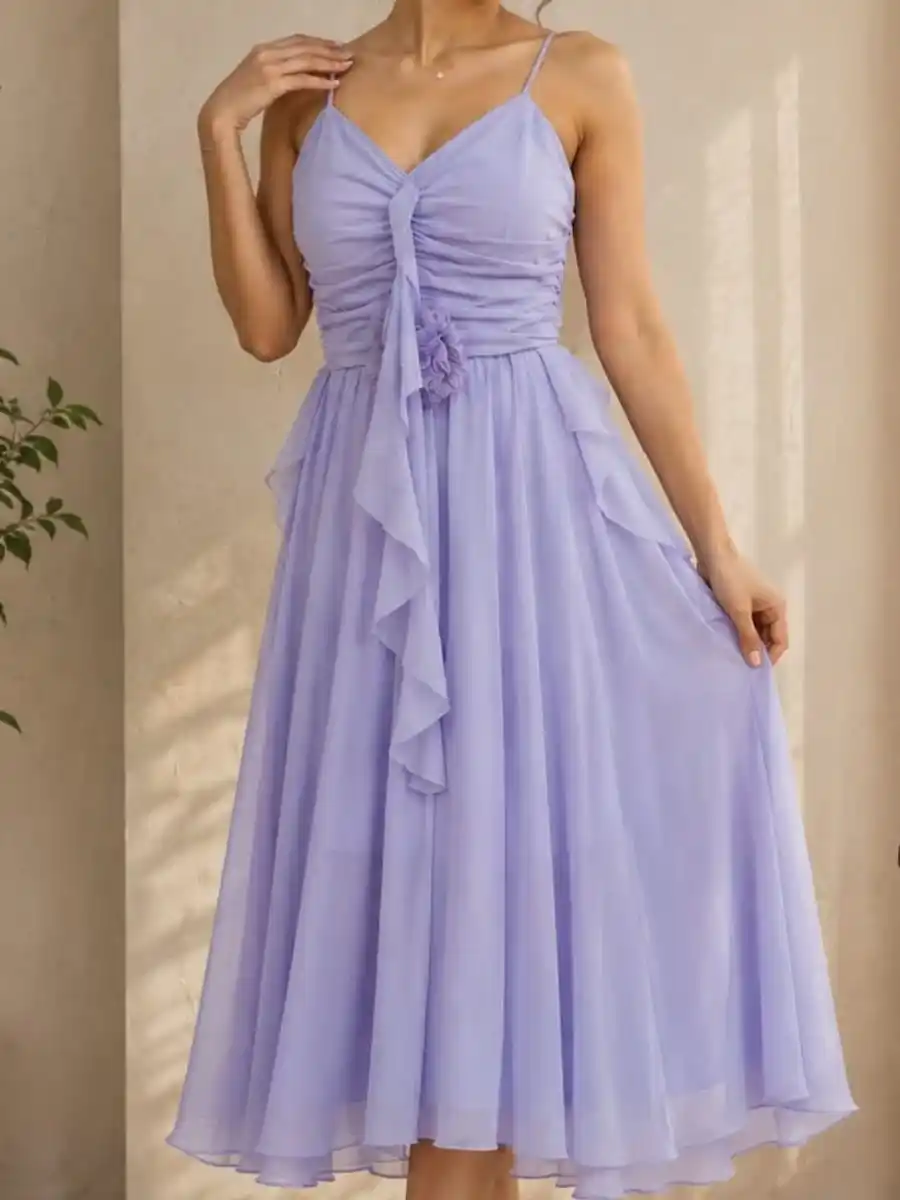 Lavender Chiffon Ruched Midi Dress