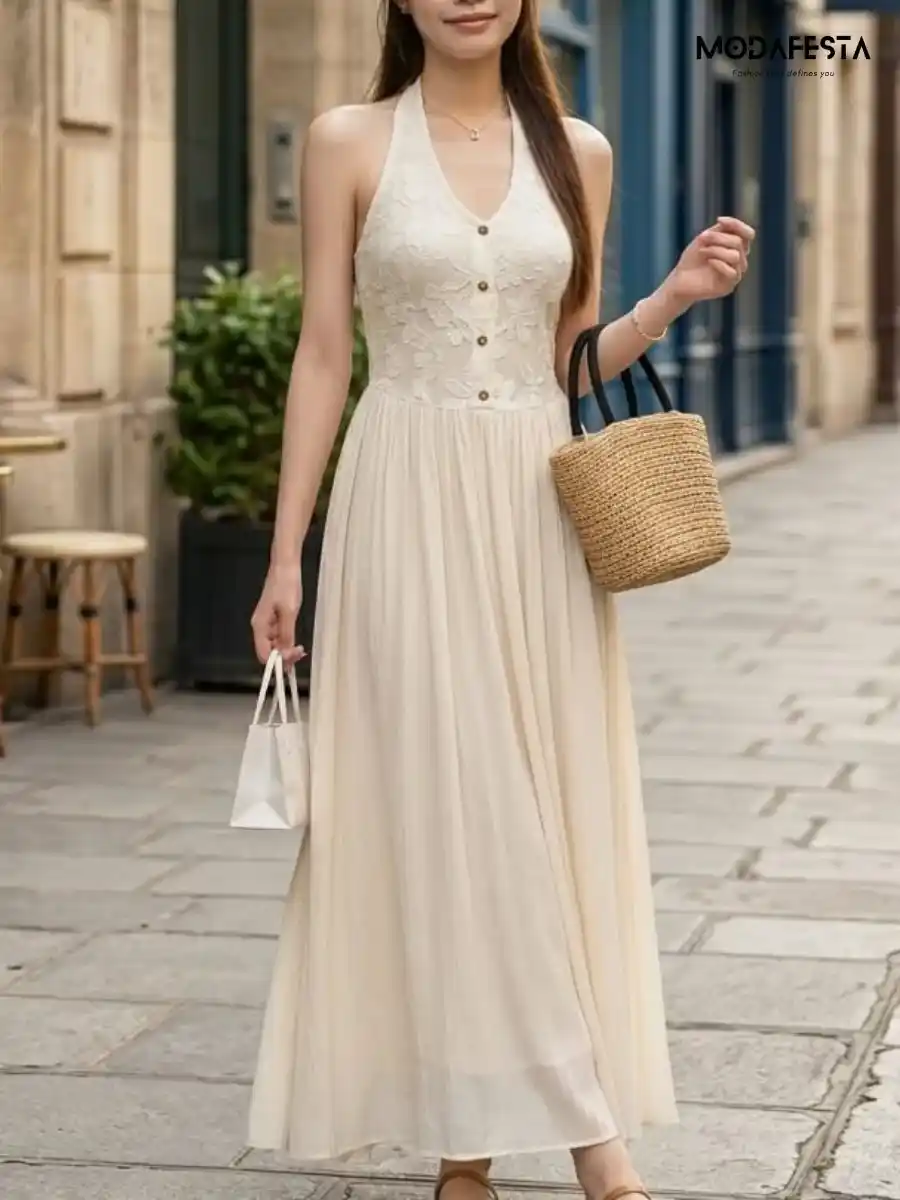 ModaFesta -elegant-floral-lace-halter-neck-maxi-dress-beige