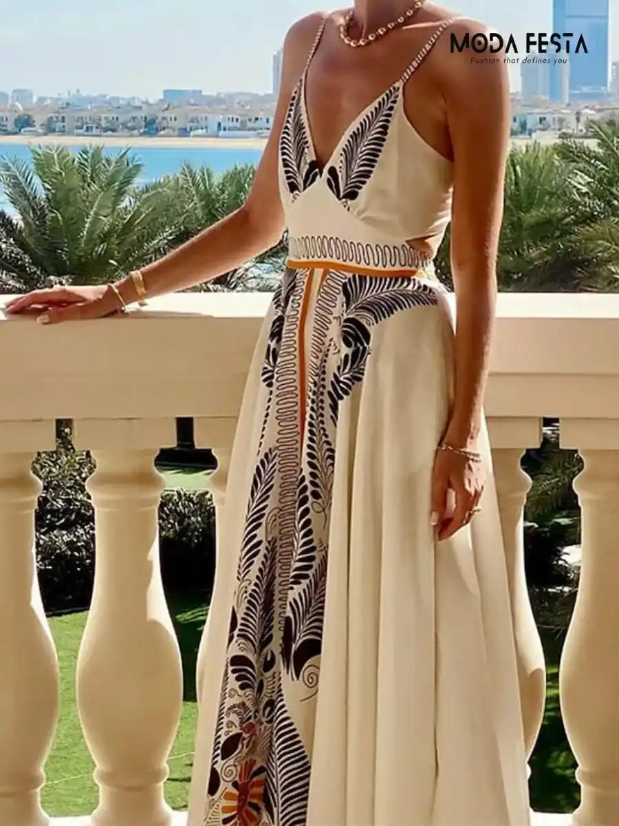 ModaFesta -floral-print-back-tie-up-dress-beige