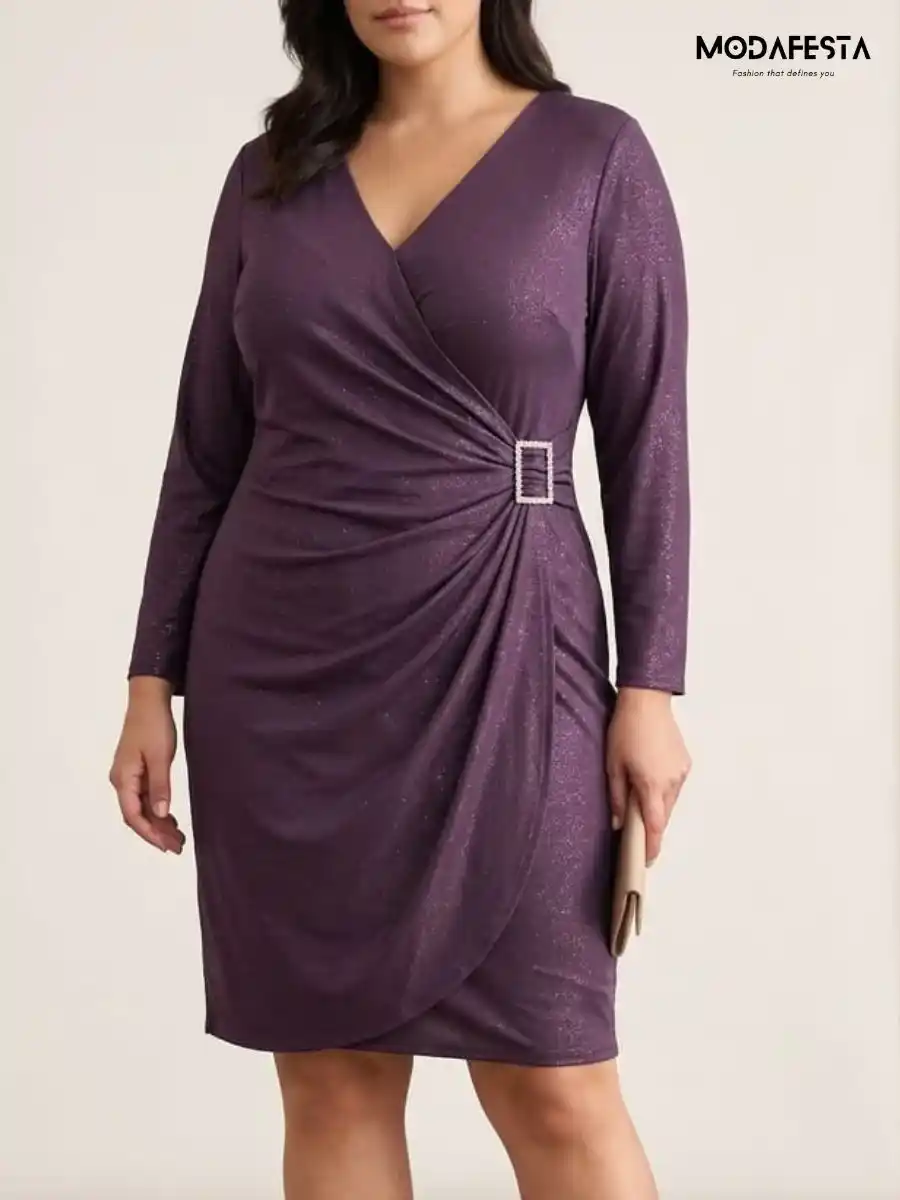 ModaFesta -elegant-v-neck-faux-wrap-party-dress-lavender
