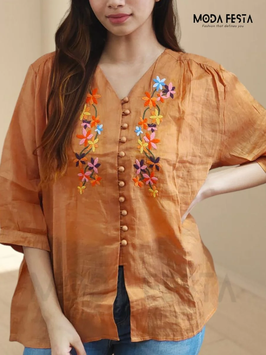 ModaFesta -embroidered-linen-v-neck-top-orange-mid-lenght