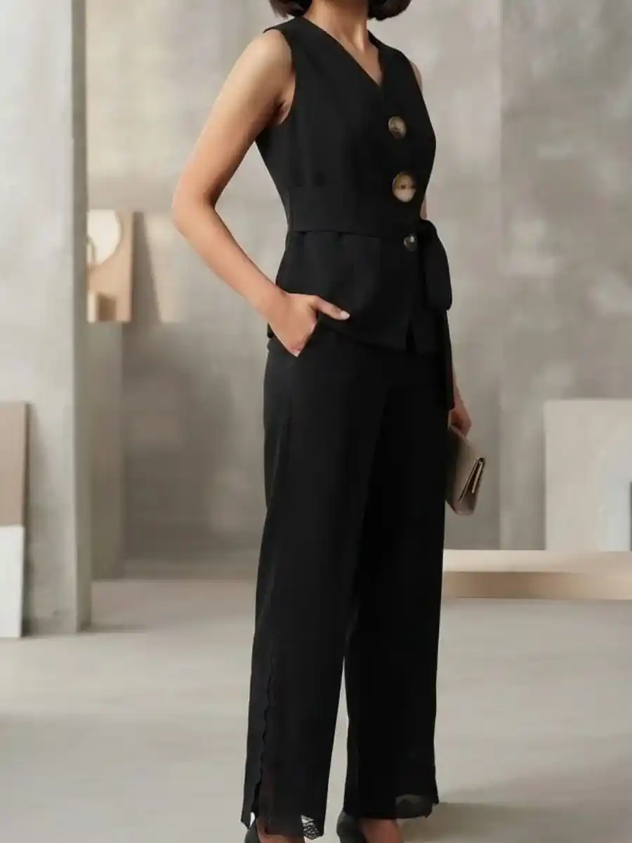 ModaFesta -black-sleek-sleeveless-button-accented-vest-wide-leg-coord-set