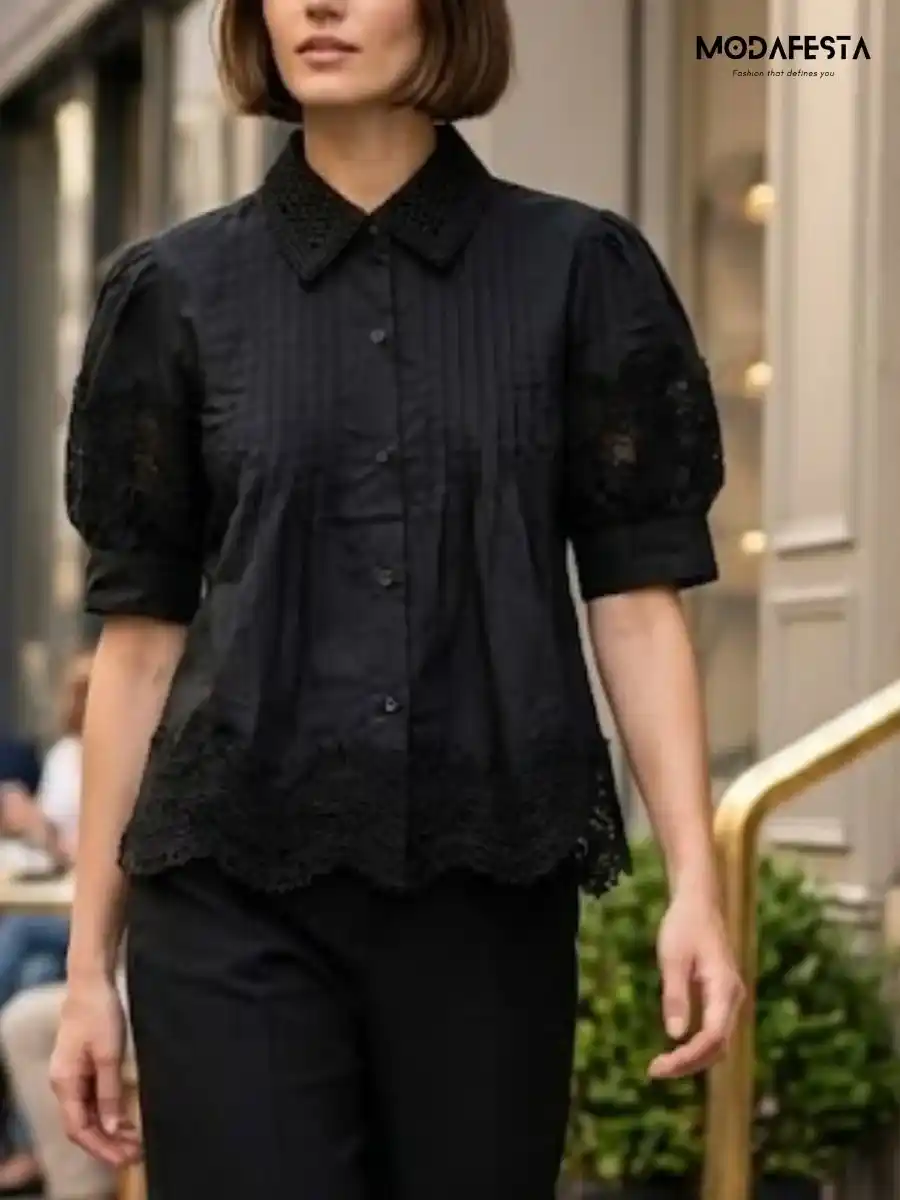 ModaFesta -elegant-puff-sleeve-cut-work-style-black