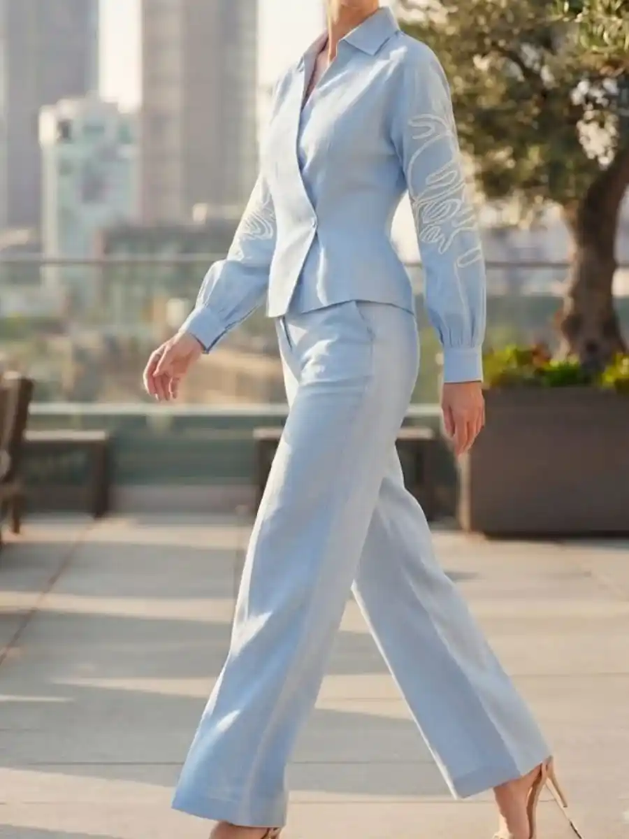 ModaFesta -light-blue-embroidered-sleeve-wrap-top-straight-pants-coord-set