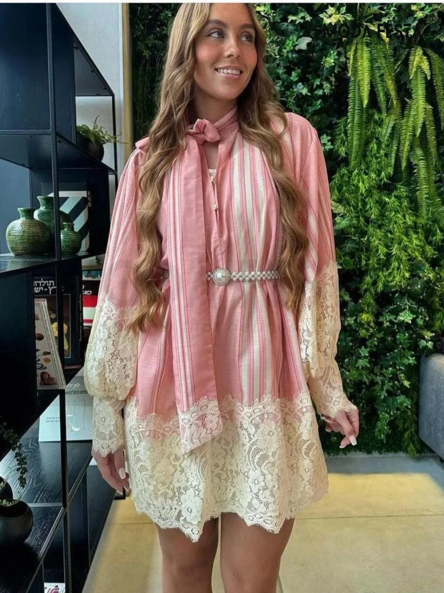 ModaFesta -lace-edge-tie-mini-dress-pink