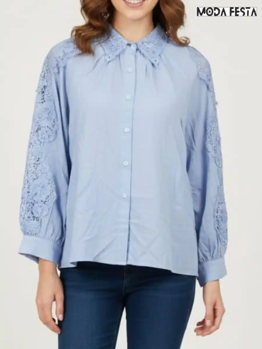 ModaFesta -elegant-sleeve-cutwork-cotton-shirt-sky-blue
