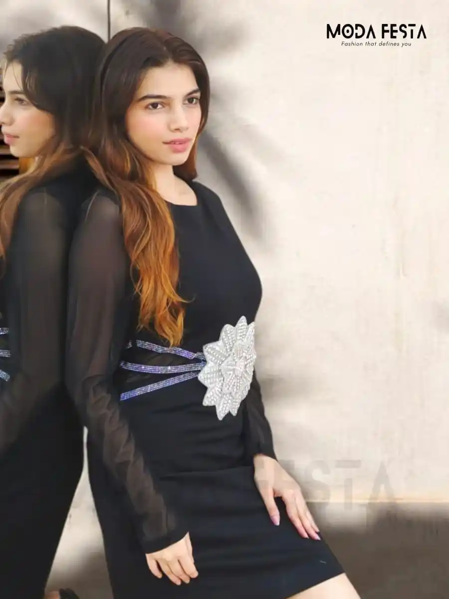 ModaFesta -diamond-flower-waist-cinched-black-party-wear-dress