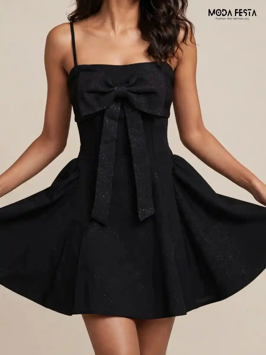 ModaFesta -bow-detailed-shimmer-a-line-dress