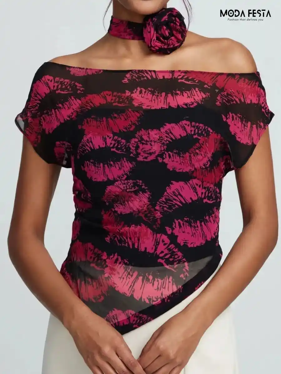 ModaFesta -black-and-pink-lips-print-off-shoulder-top