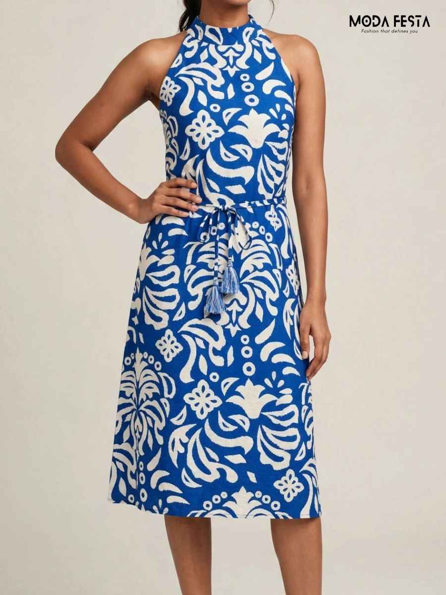 Blue and White Floral Printed Halter Dress