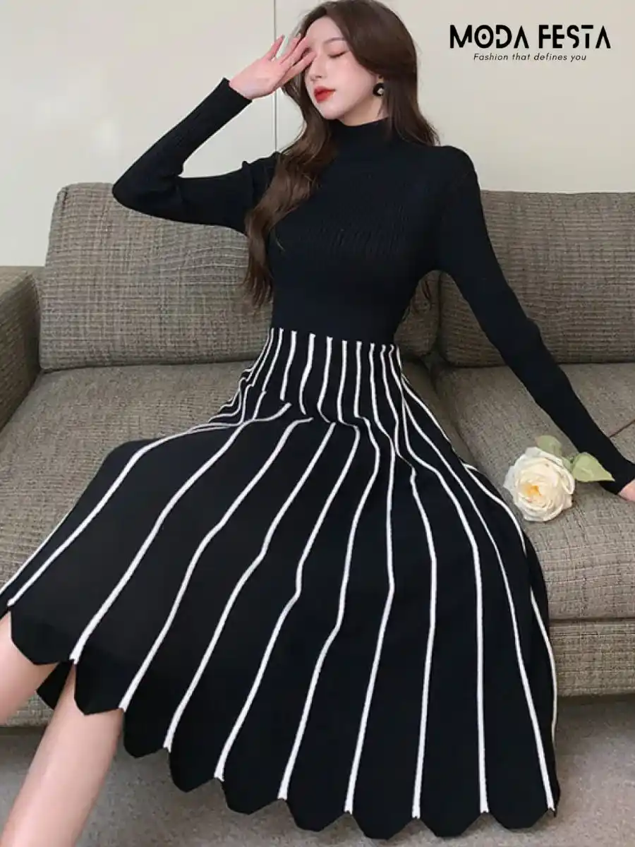 ModaFesta -elegant-stripe-high-neck-knitted-dress-black