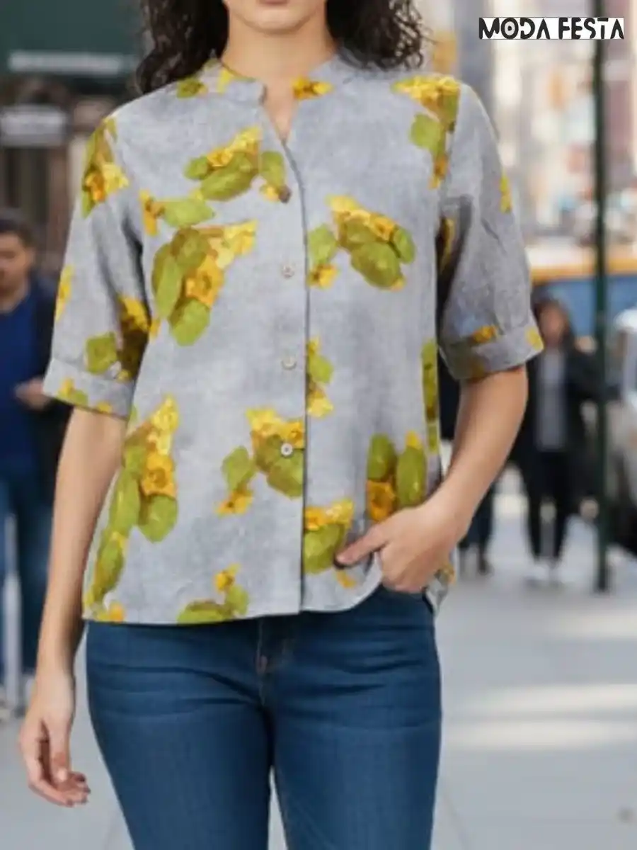ModaFesta -elegant-floral-print-shirt-front-tie-up-grey