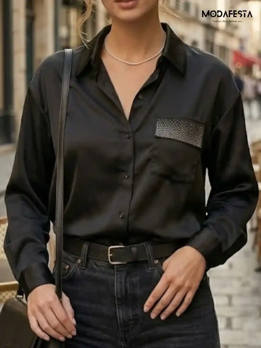 ModaFesta -black-satin-lace-back-shirt