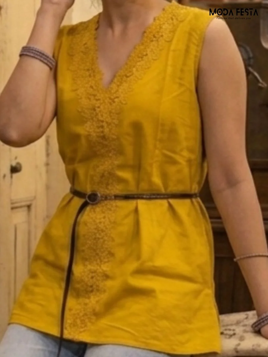ModaFesta -mustard-yellow-sleeveless-tunic-with-lace-trim