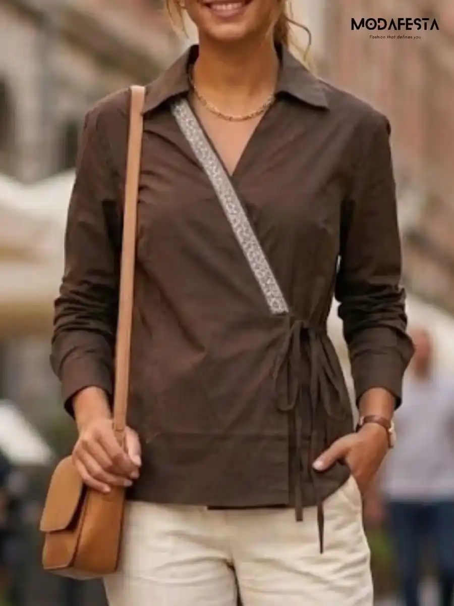 ModaFesta -elegant-v-neck-embellished-wrap-top-brown