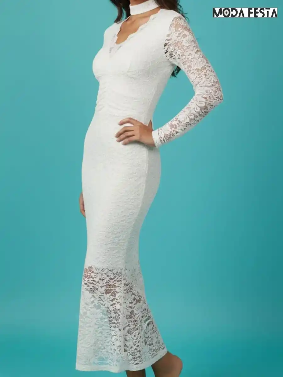 ModaFesta -elegant-v-neck-bodycon-lace-dress-white