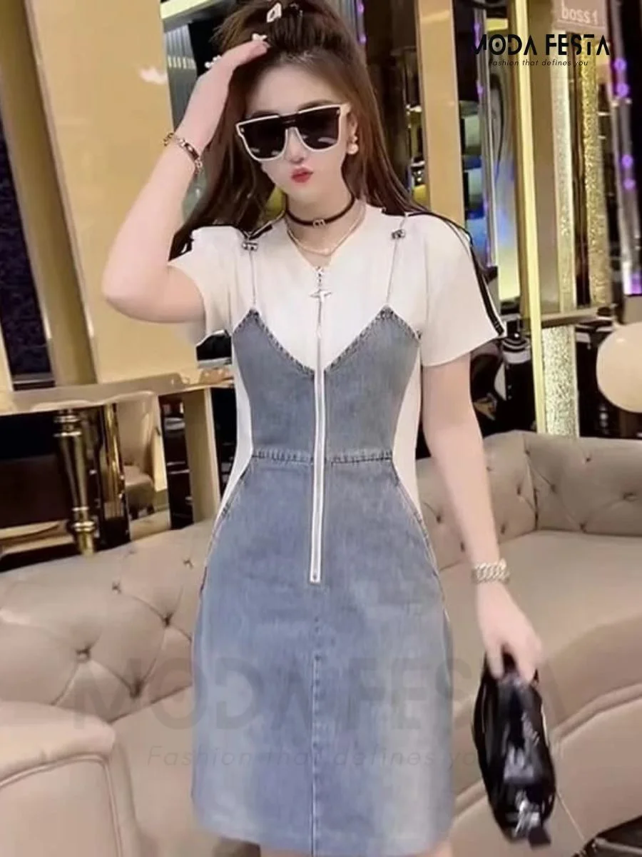 ModaFesta -chain-spliced-denim-dress-white
