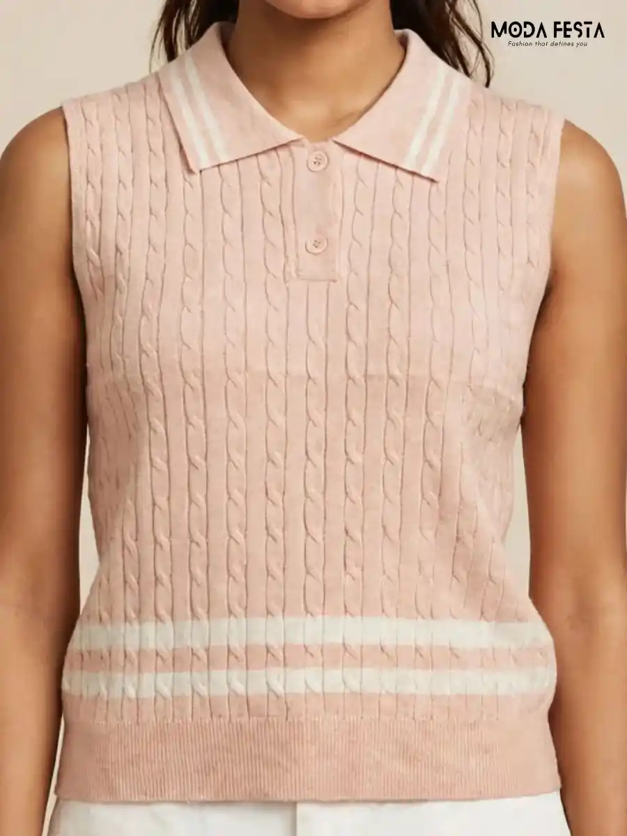 ModaFesta -soft-pink-white-striped-cable-knit-sleeveless-polo-top