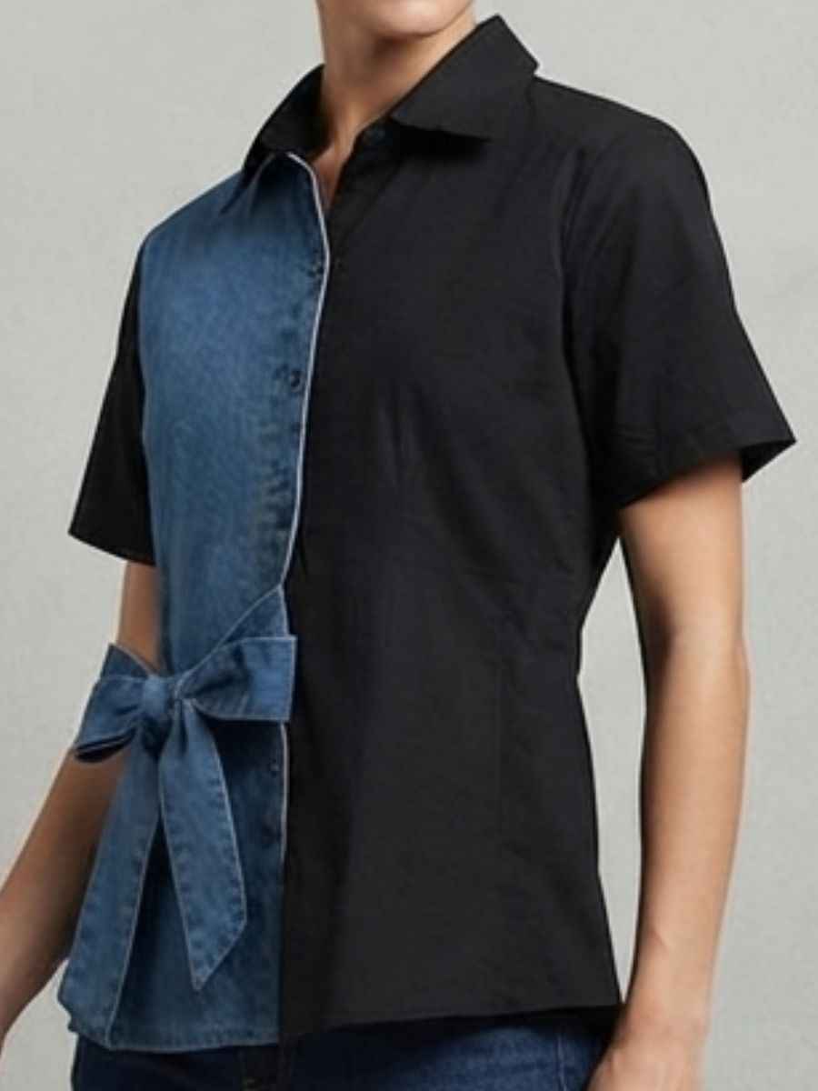 ModaFesta -black-denim-blue-split-design-front-bow-top