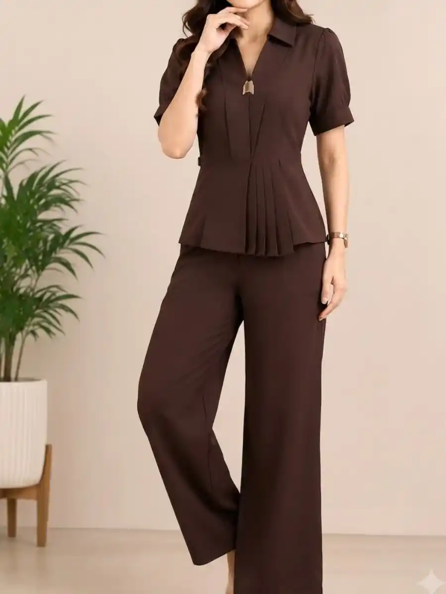 ModaFesta -elegant-solid-brown-pleated-peplum-coord-set