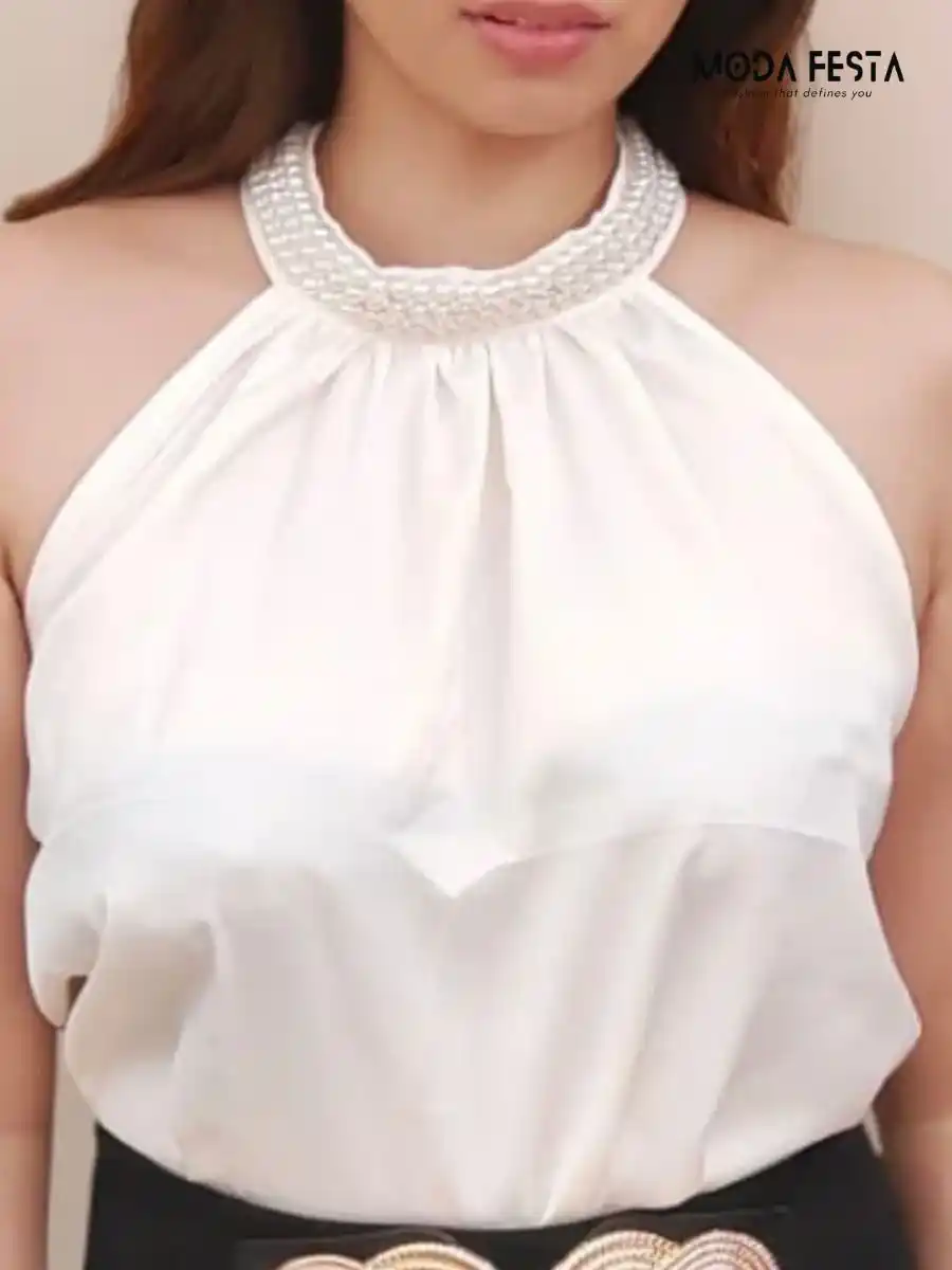 ModaFesta -stylish-stone-halter-neck-party-top-off-white
