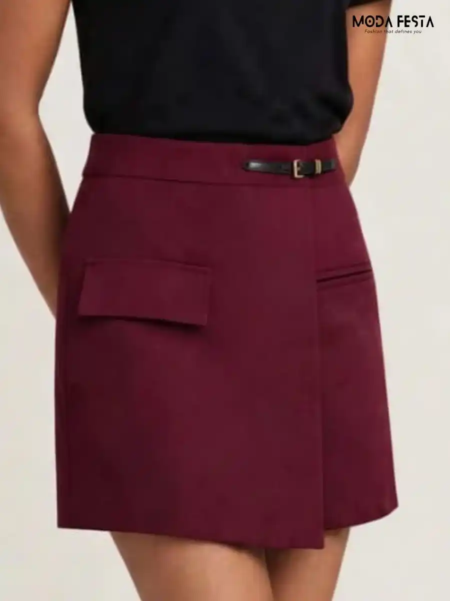 Maroon Faux Suede Belted Skort with Pocket Detail