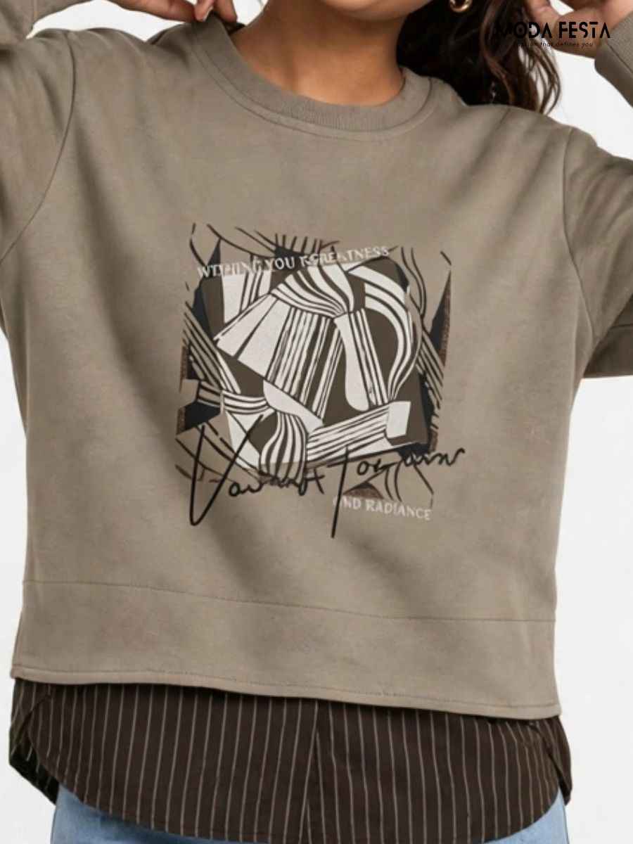 ModaFesta -graphic-layered-striped-hem-sweatshirt