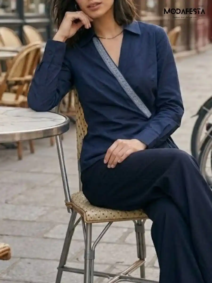 ModaFesta -elegant-v-neck-embellished-wrap-top-navy-blue
