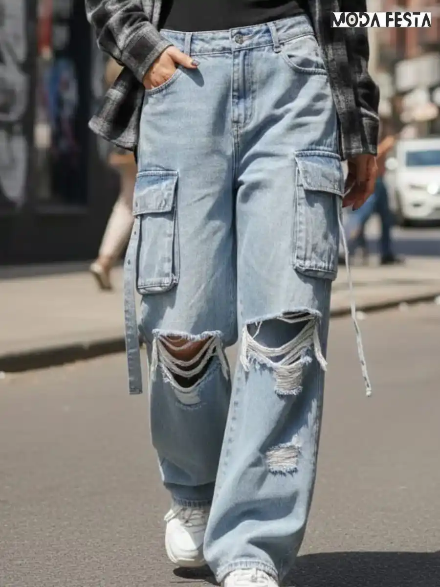 ModaFesta -elegant-silver-shine-cargo-denim-jeans-blue