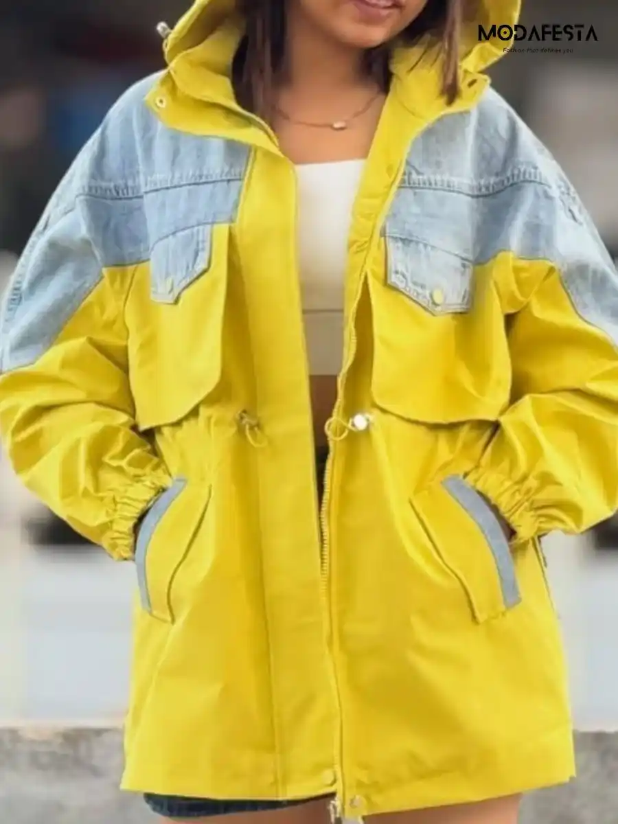 Elegant Denim With Parachute Fabric Hoodie Jacket