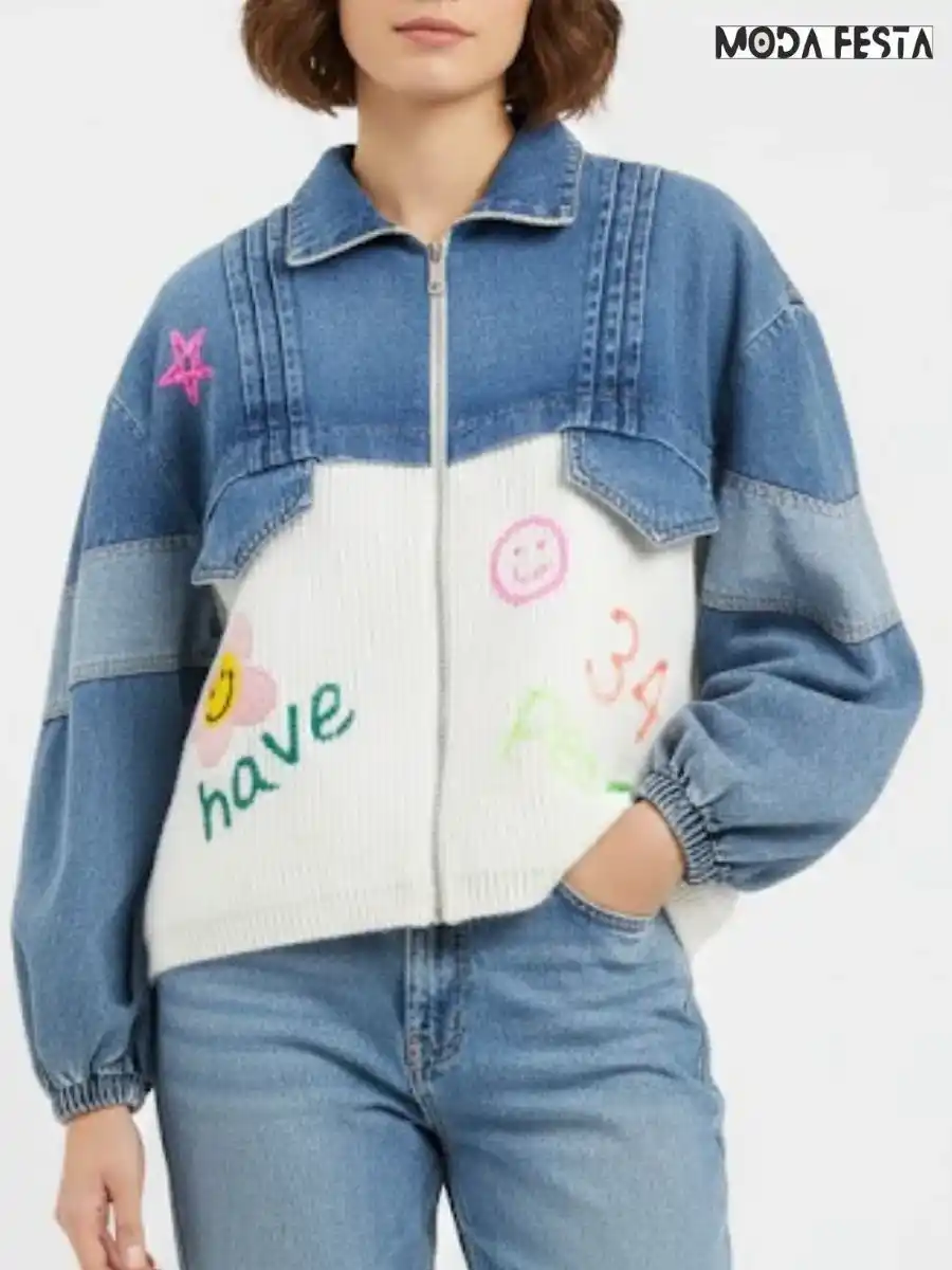 ModaFesta -denim-with-knit-zipper-jacket-white