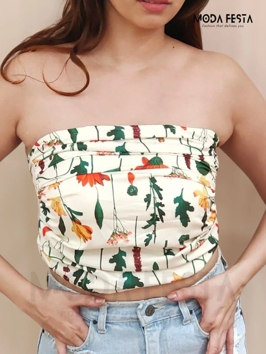 ModaFesta -stylish-floral-print-tube-top-off-white
