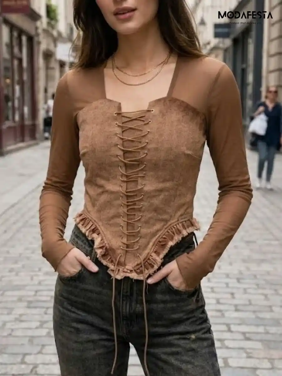 ModaFesta -lace-up-denim-corset-mesh-top-brown