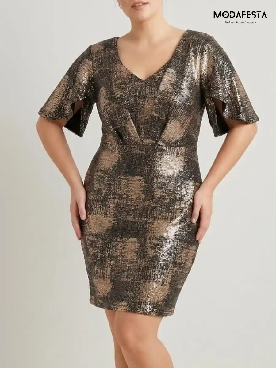 ModaFesta -elegant-gold-and-black-sequin-v-neck-dress