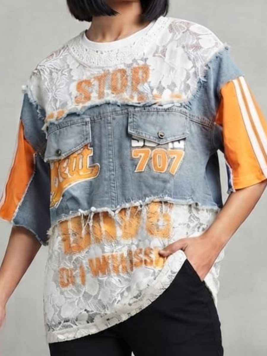ModaFesta -yellow-white-patchwork-denim-lace-statement-top