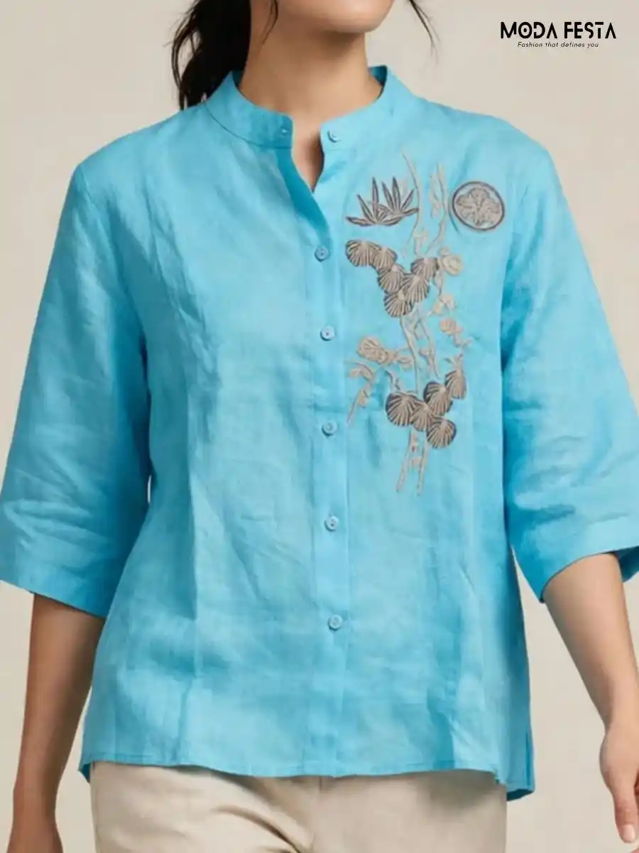 ModaFesta -sky-blue-embroidered-button-down-top