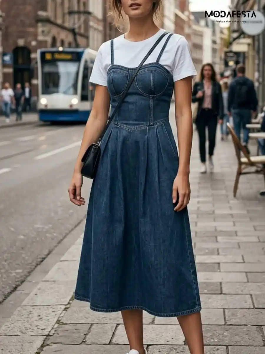 ModaFesta -elegant-denim-bustier-mini-dress-black