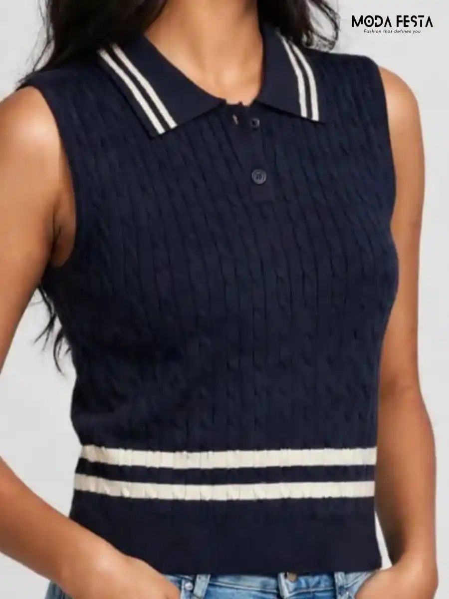 ModaFesta -navy-blue-striped-cable-knit-polo-top
