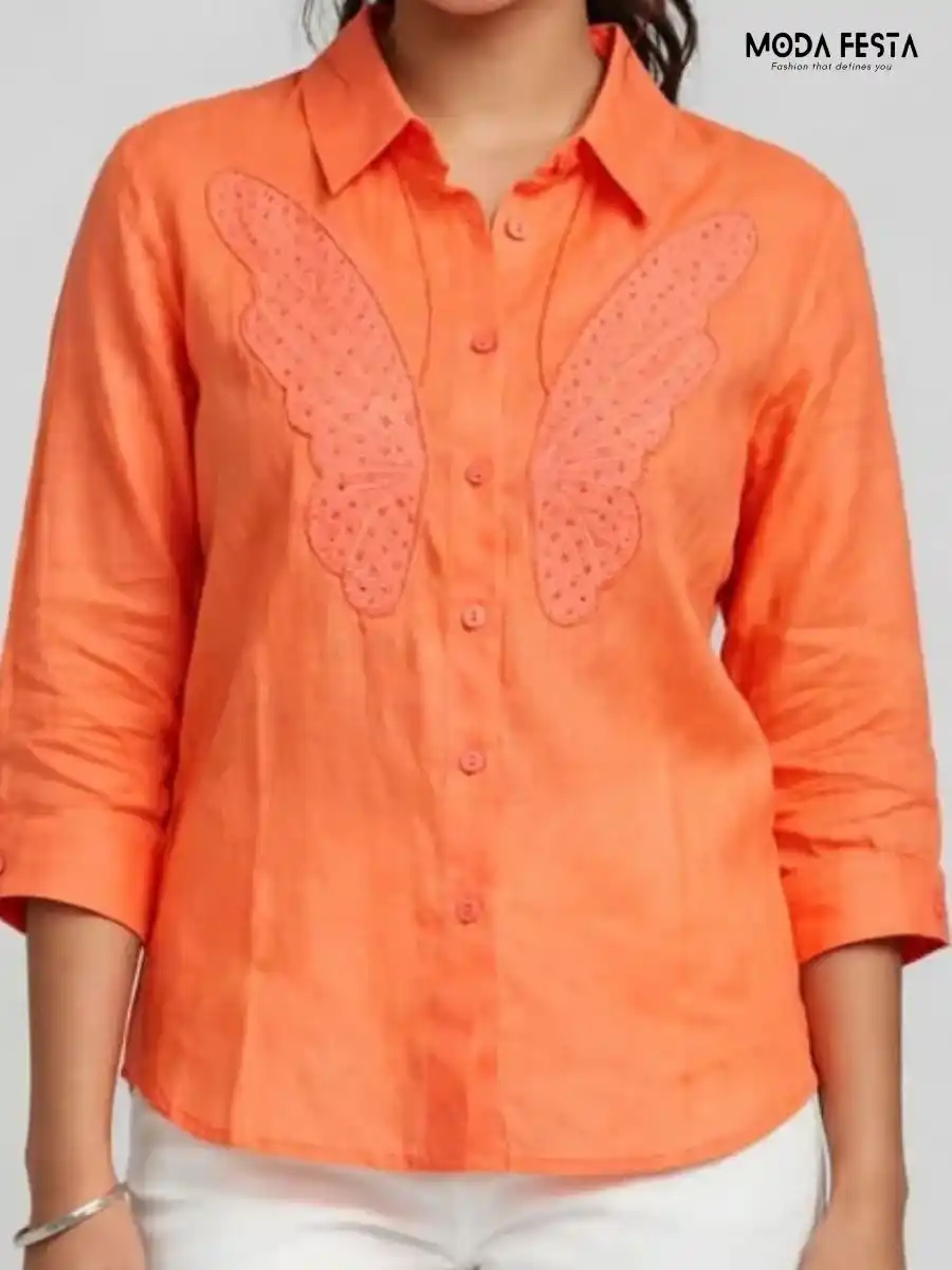 Orange Embroidered Wing-Detail Shirt