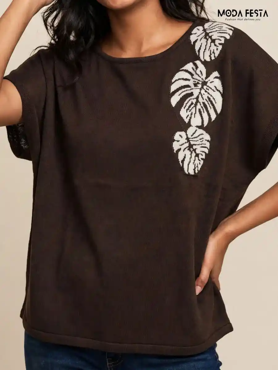 ModaFesta -brown-white-leaf-motif-short-sleeve-knit-top