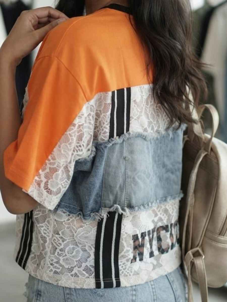 ModaFesta -patchwork-graphic-lace-denim-t-shirt