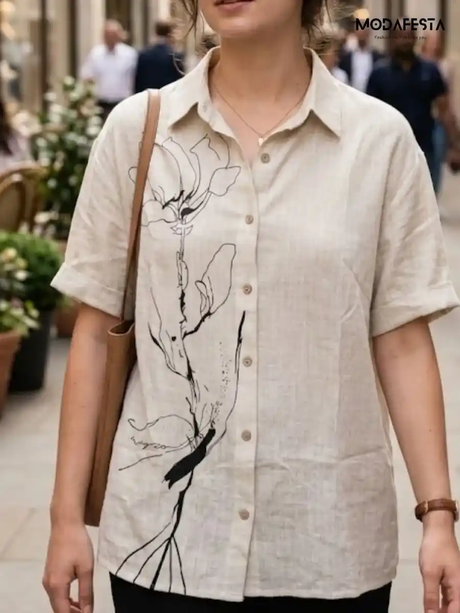 ModaFesta -classy-graphic-floral-long-linen-shirt-beige