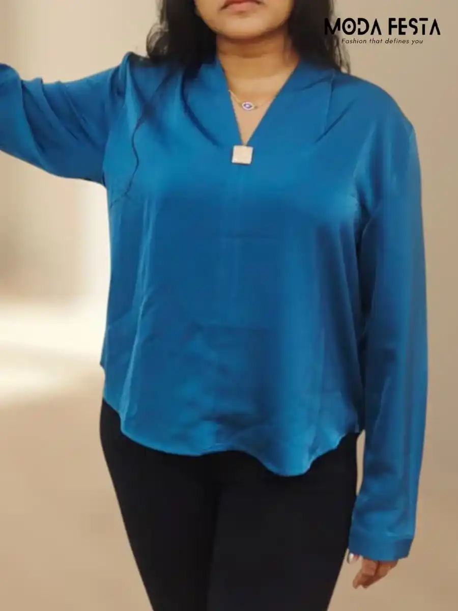 ModaFesta -elegant-v-neck-satin-top-teal-blue