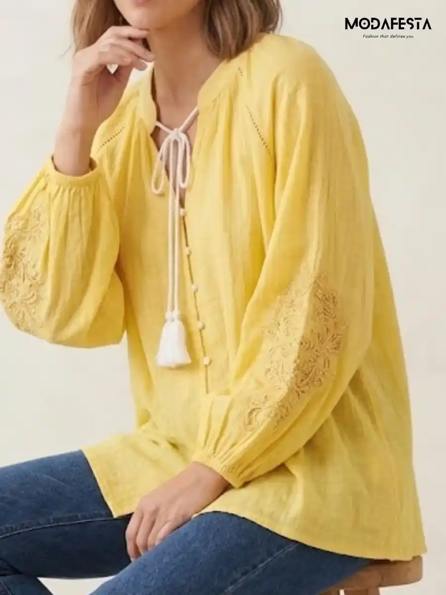 ModaFesta -elegant-v-neck-top-embroidered-work-on-sleeve-yellow
