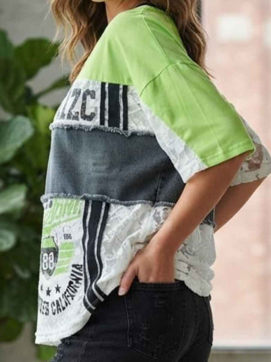 ModaFesta -green-patchwork-graphic-lace-denim-t-shirt