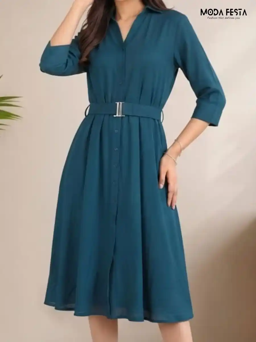 ModaFesta -teal-blue-solid-shirt-dress-with-belt
