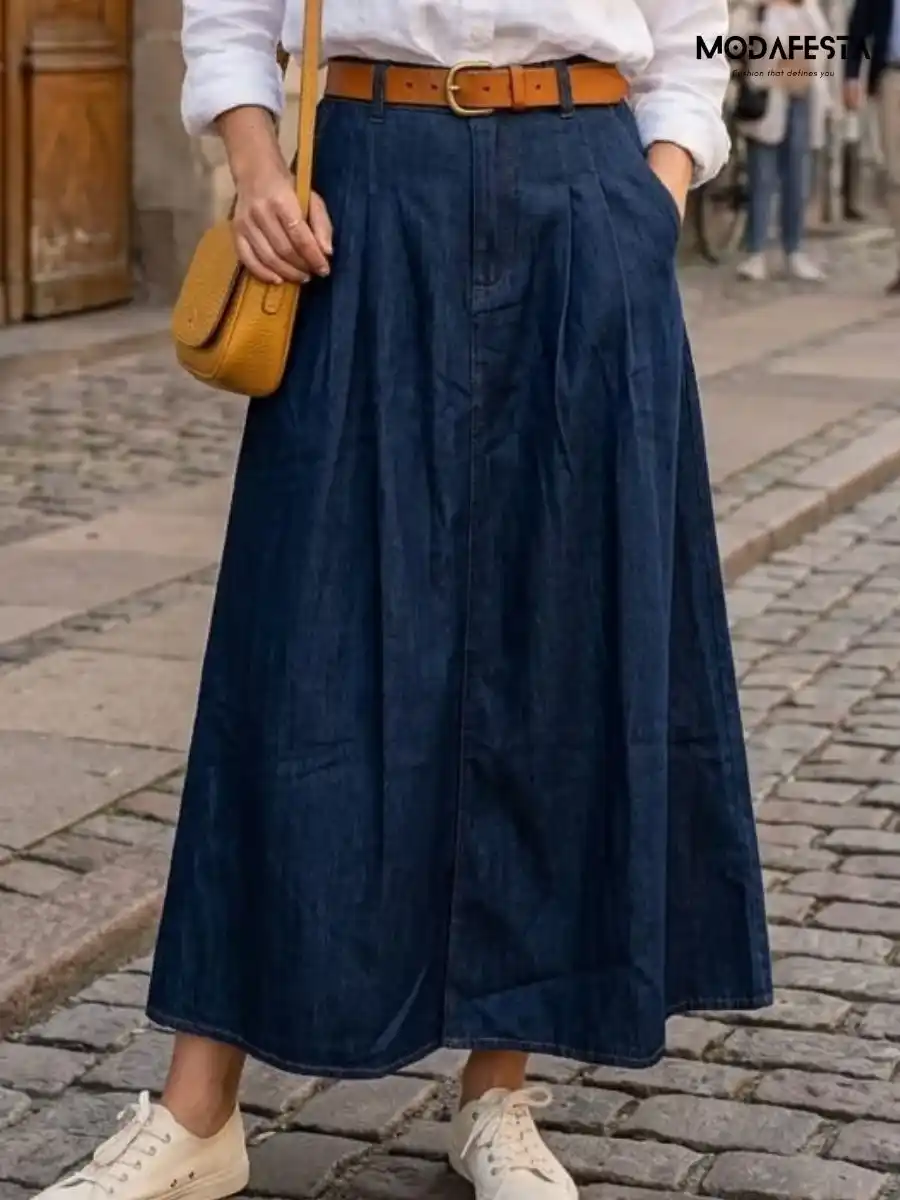 ModaFesta -elegant-a-line-denim-skirt-navy-blue