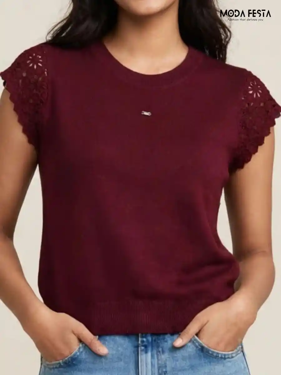 Maroon Schiffli Cutwork Cap Sleeve Knit Top
