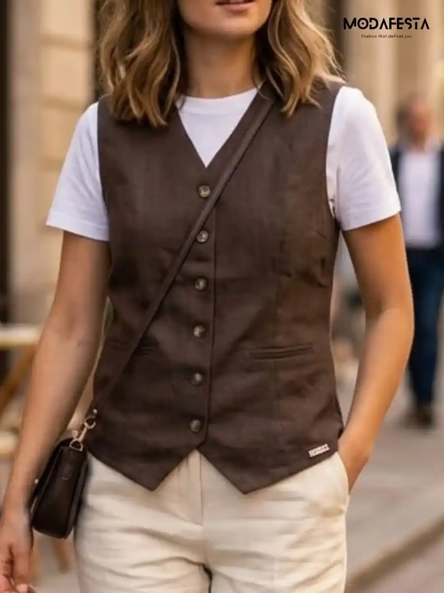 ModaFesta -elegant-linen-waistcoat-back-belt-style-brown